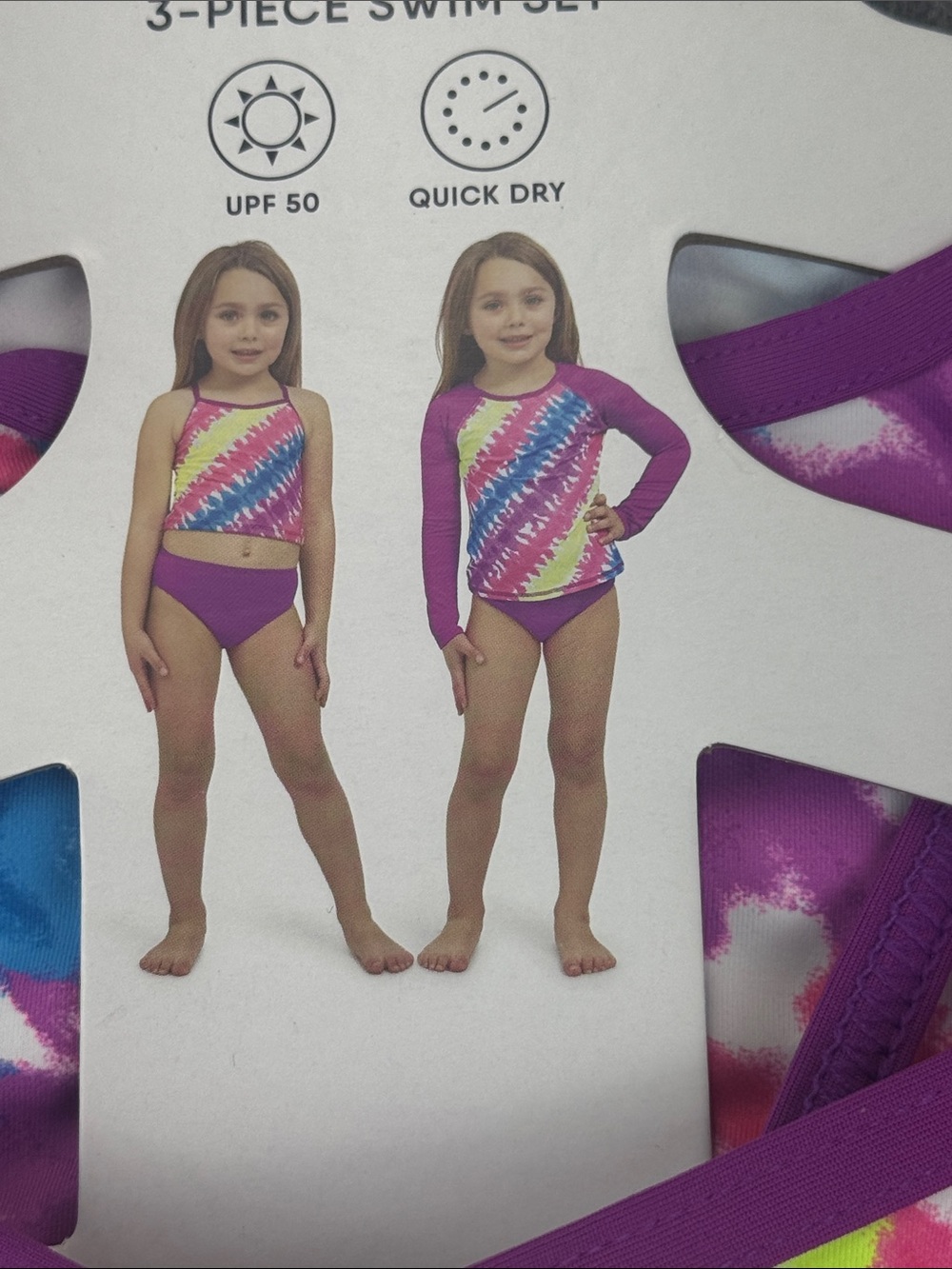 Lands' End 3 Piece Swim Set Girls Purple Geometric UPF 50 Quick Dry
